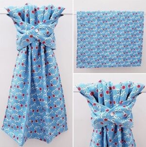 💟#9098D NEW Pioneer Woman Towel LT BLUE w/Red flowers+WHITE PEARL snap